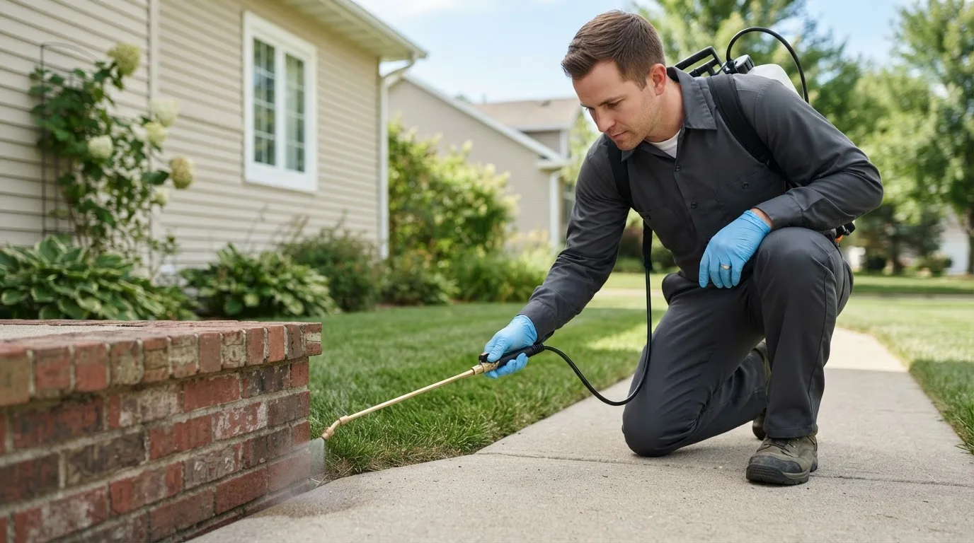 Pest control technician treating a home near Williamsville, VT